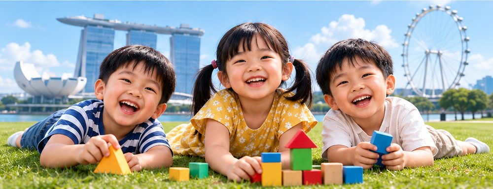 Three young children playing with wooden blocks on the grass