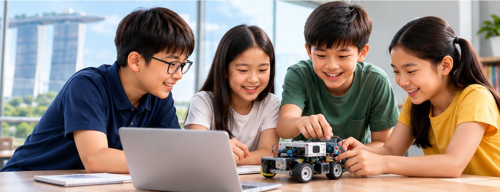 Older children building a robot together in a classroom